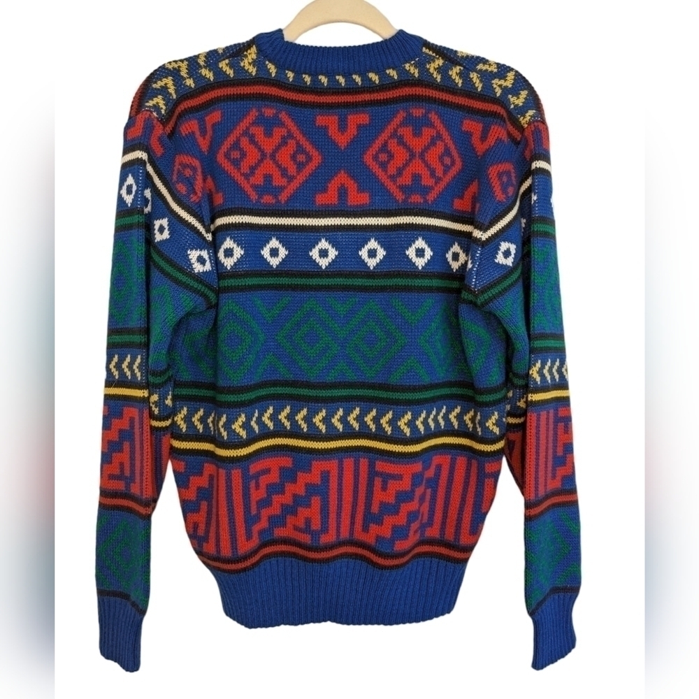 Vintage 90s Nordic Geometric Ski Sweater Blue Colorful Cabin Grandpa Knit S - Picture 5 of 8